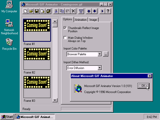 Microsoft GIF Animator About Screen and Workspace (1996)